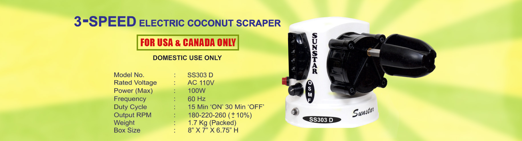 Sunstar Electric Coconut Scraper/Grater 